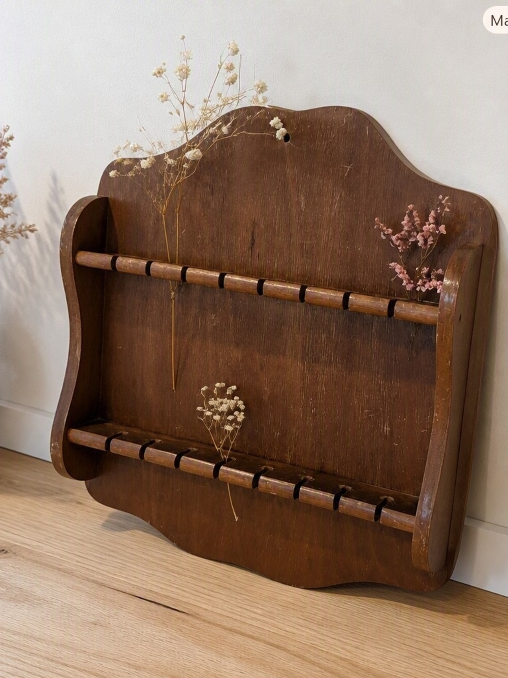 Vintage Wooden Wall Display Rack • Boho Jewelry & Herb Drying Shelf